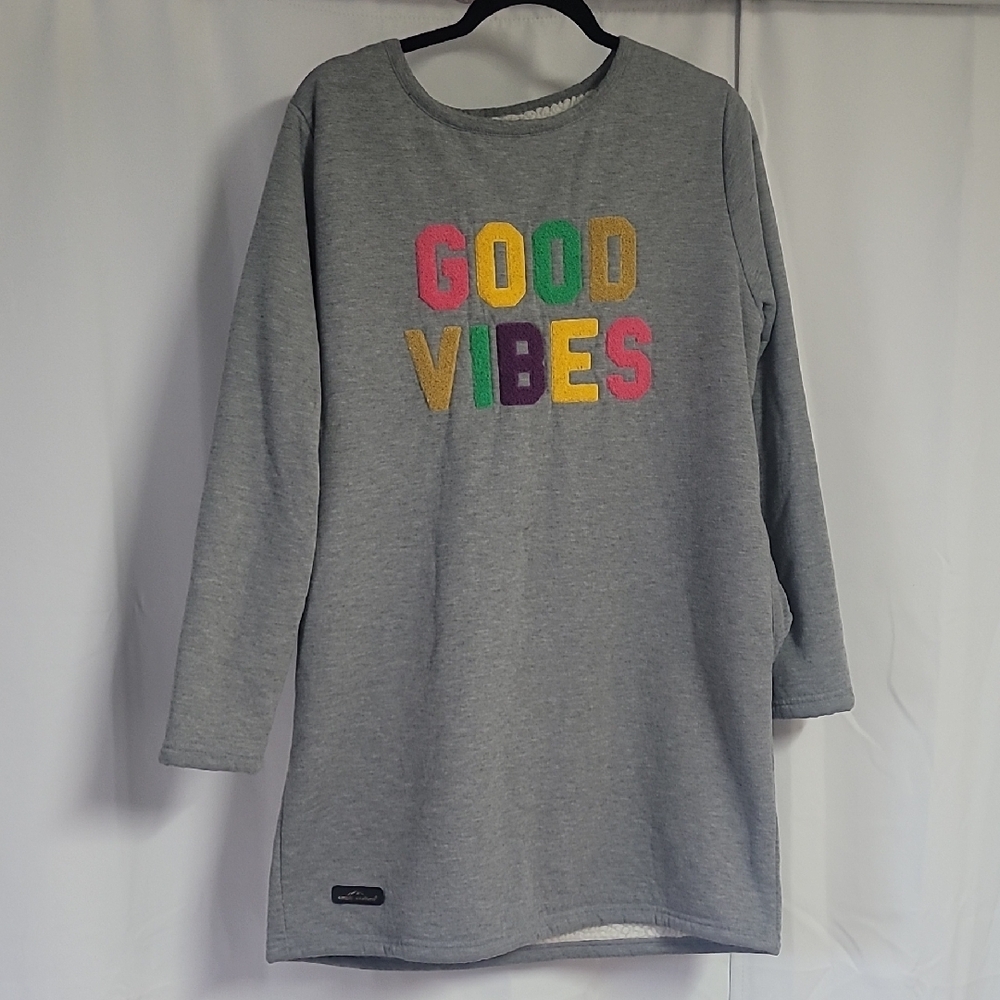 Gray Long Sleeve Pajamas with Colorful 'Good Vibes' Text